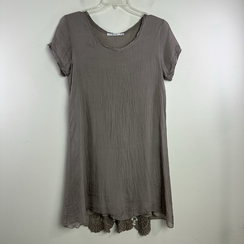Nicole Womens Beige 100% Silk Dress Lace Short Sleeve Lined Sz M Italy Lagenlook